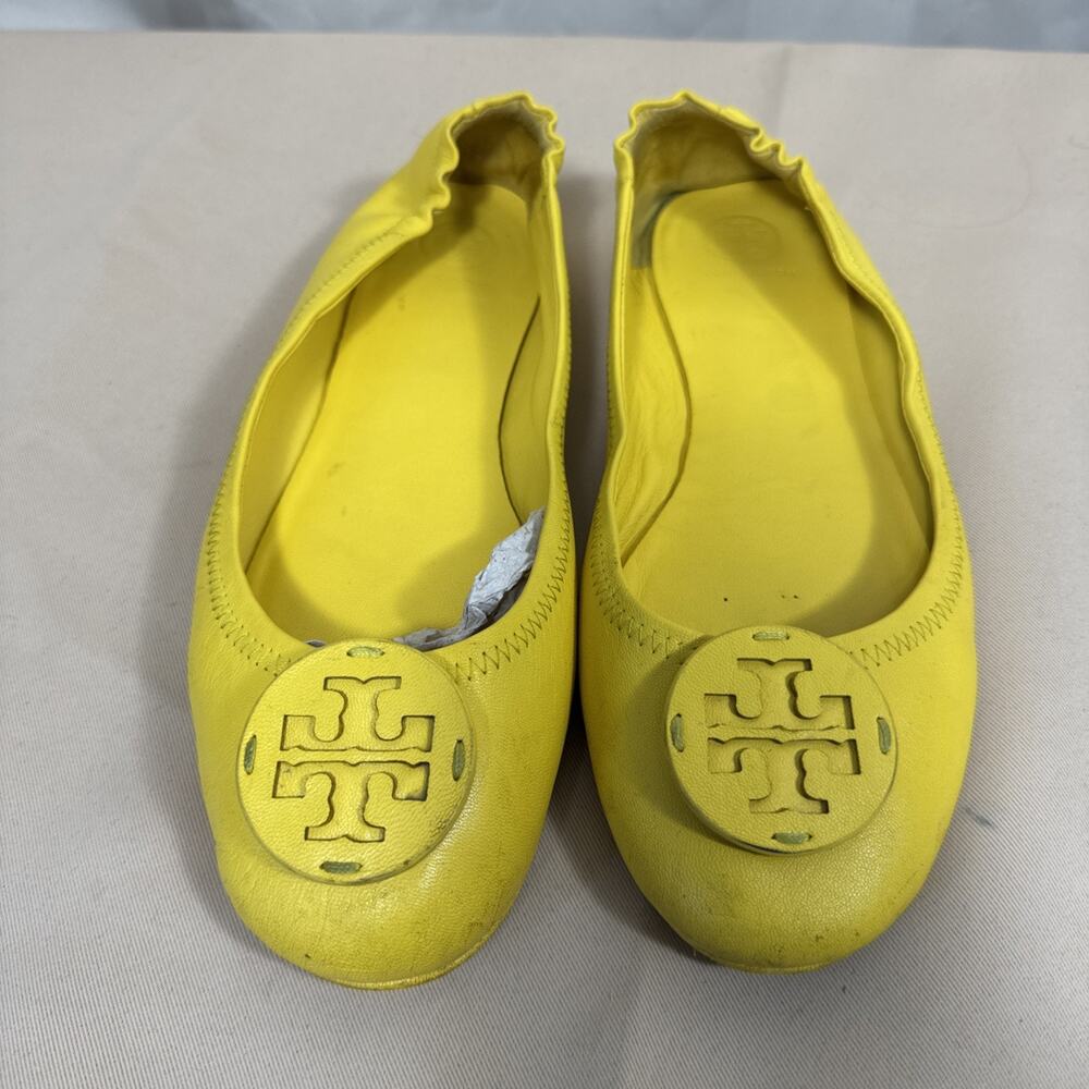 Tory Burch Reva Ballet Flats Womens Yellow Leather Double T Logo Shoes